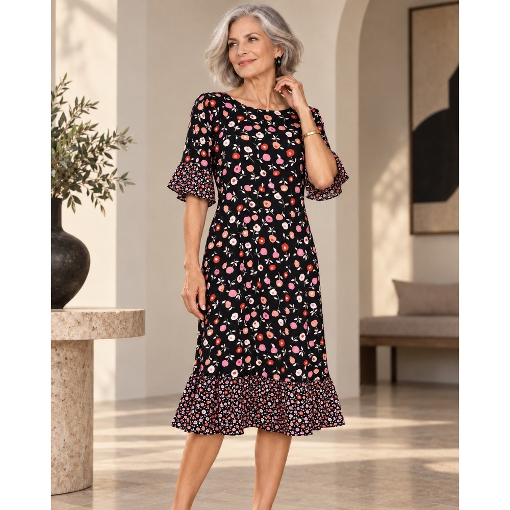 Talbots Womens Black Pink Floral Mixed Print Ruffle Hem Bell Sleeve Midi Dress 6
